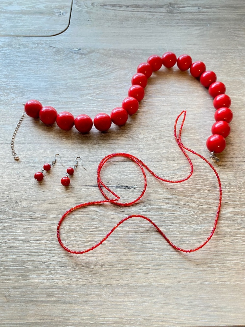 Red Jewelry Lot: Chunky Bubble Bead Necklace, Seed Strand, Drop Earrings